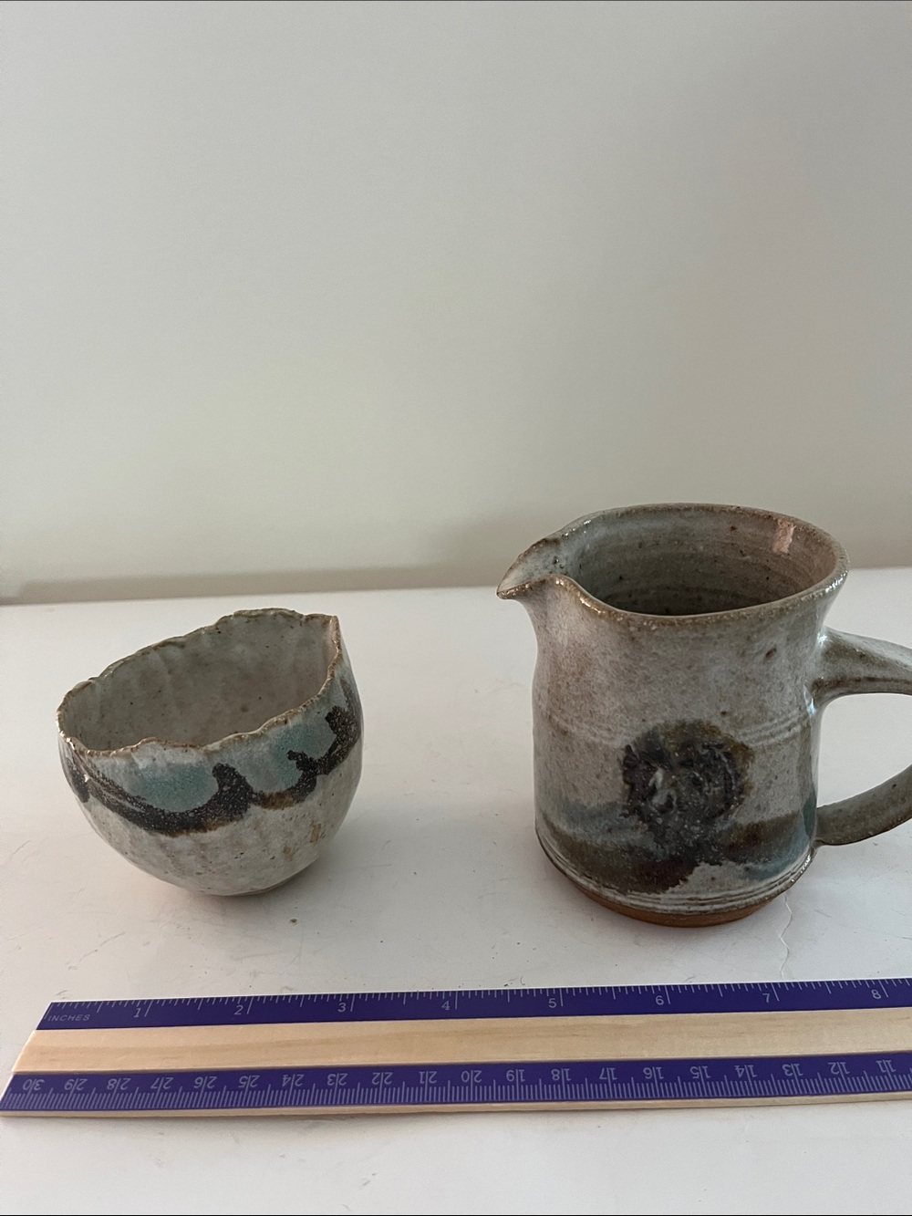 Handmade Ceramic Creamer and Bowl Set in Speckled Gray with Blue Accents